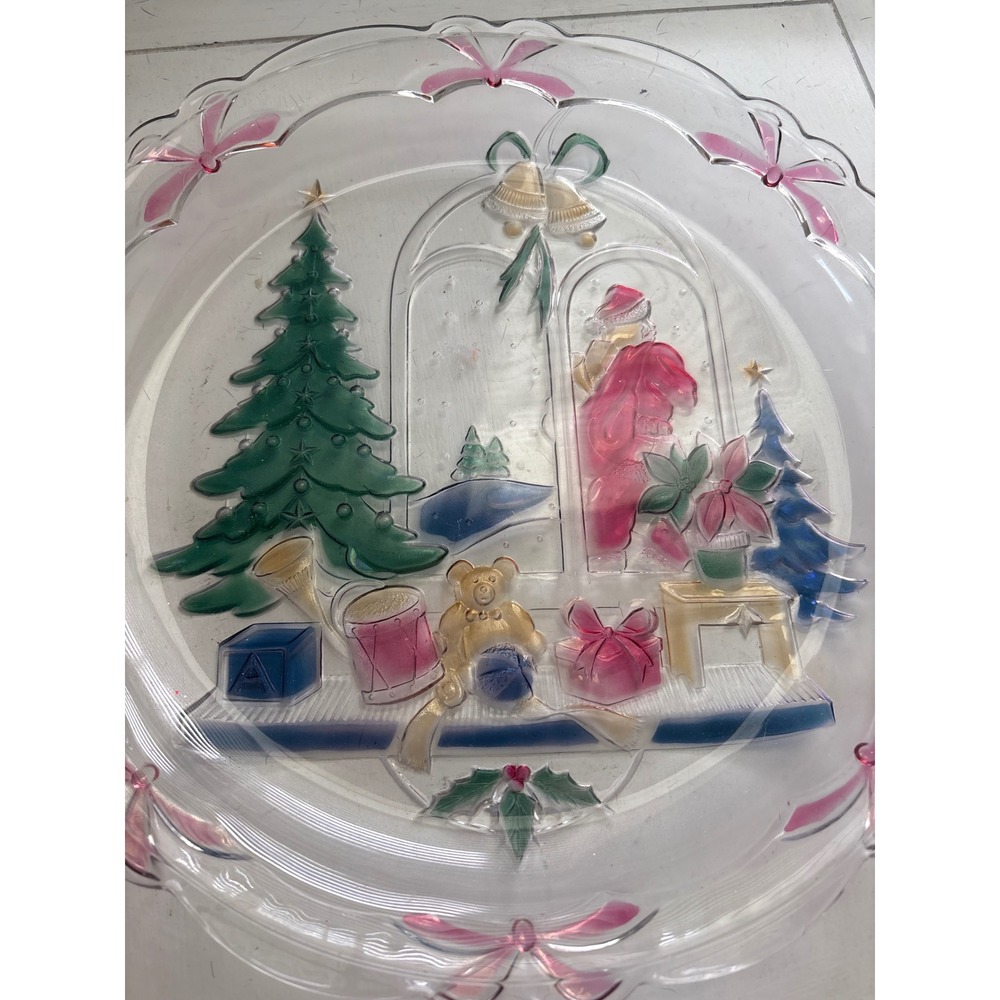 Vintage Christmas Embossed Glass Platter Santa Tree Scalloped Bow Rim 13.5"